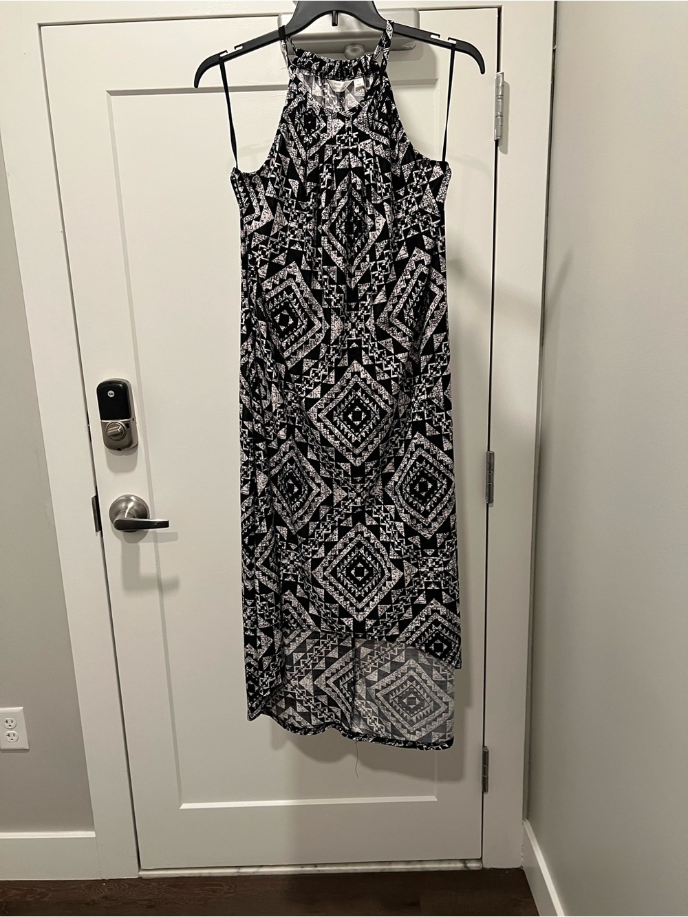 Mlle Gabrielle Black & White Asymmetrical Halter Maxi Dress